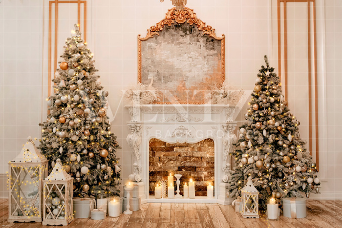 Fabric Photography Background Christmas Room with Fireplace / Backdrop 2468