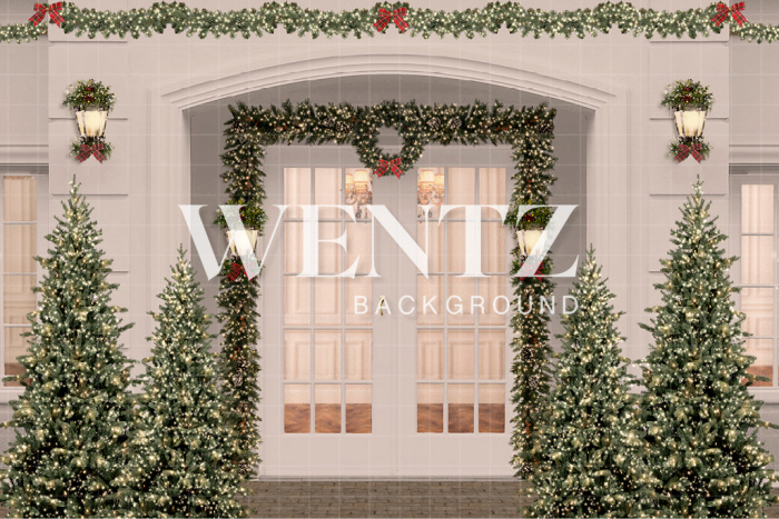 Fabric Photography Background House Facade with Pine Trees Christmas / 2473