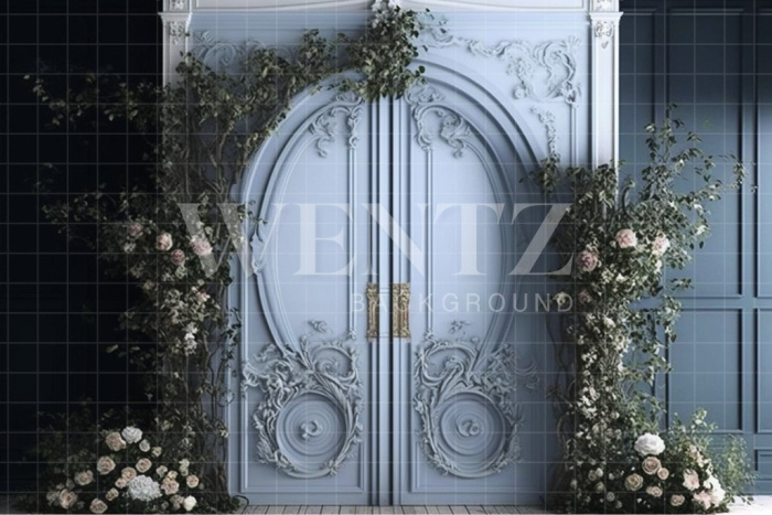 Fabric Photography Background Blue Door with Flowers / Backdrop 2789