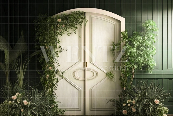 Fabric Photography Background White Door with Plants / Backdrop 2790