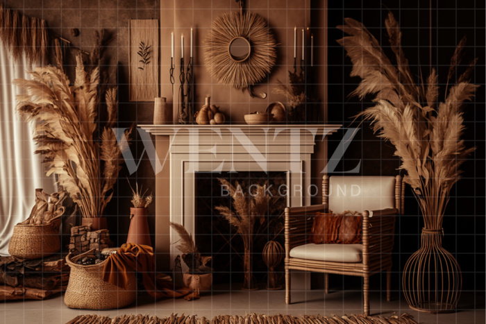 Fabric Photography Background Boho Room with Fireplace / Backdrop 2796