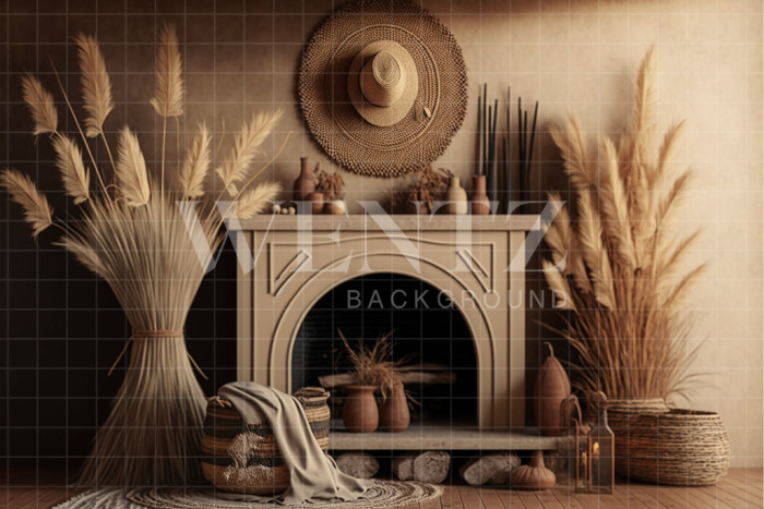 Fabric Photography Background Boho Room with Fireplace / Backdrop 2800