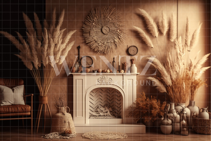 Fabric Photography Background Boho Room with Fireplace / Backdrop 2801