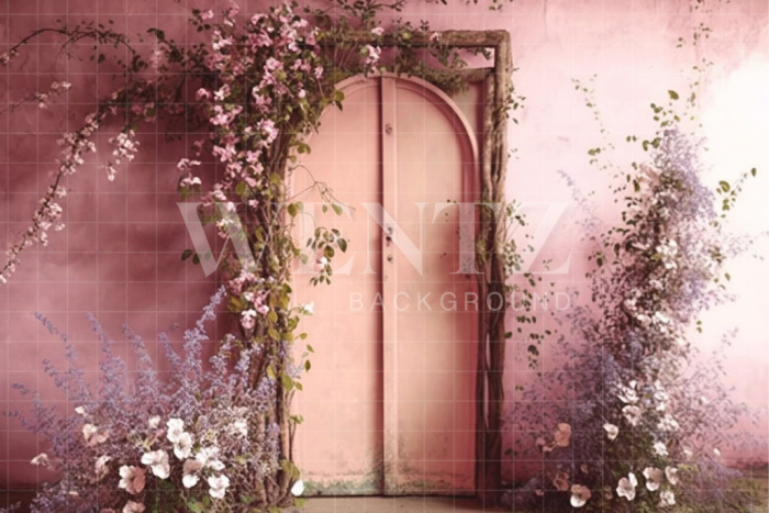 Fabric Photography Background Scenery with Pink Door and Flowers / Backdrop 2813