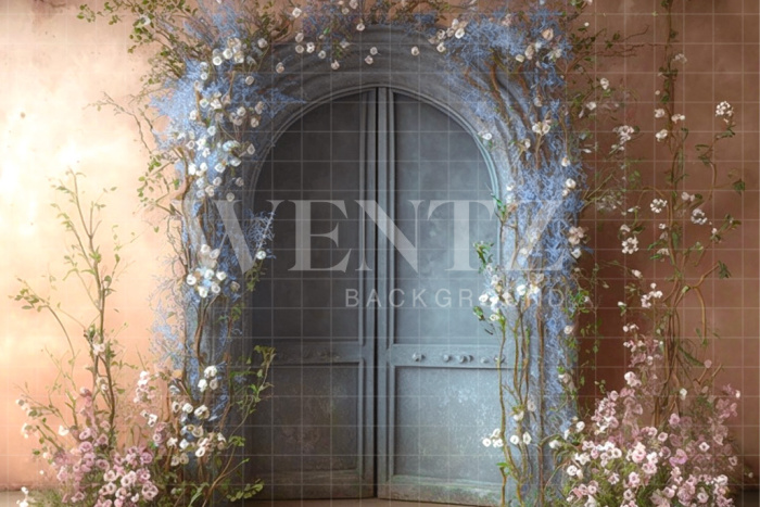 Fabric Photography Background Blue Door with Flowers / Backdrop 2820