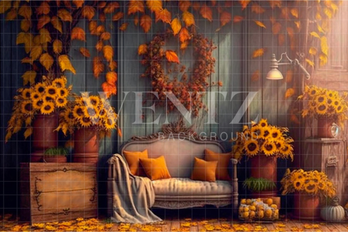 Fabric Photography Background Room with Sunflowers and Couch / Backdrop 2943