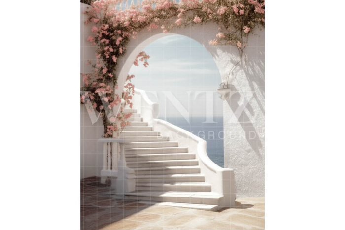 Fabric Photography Background Nature Scenery with Staircase and Flowers / Backdrop 3062