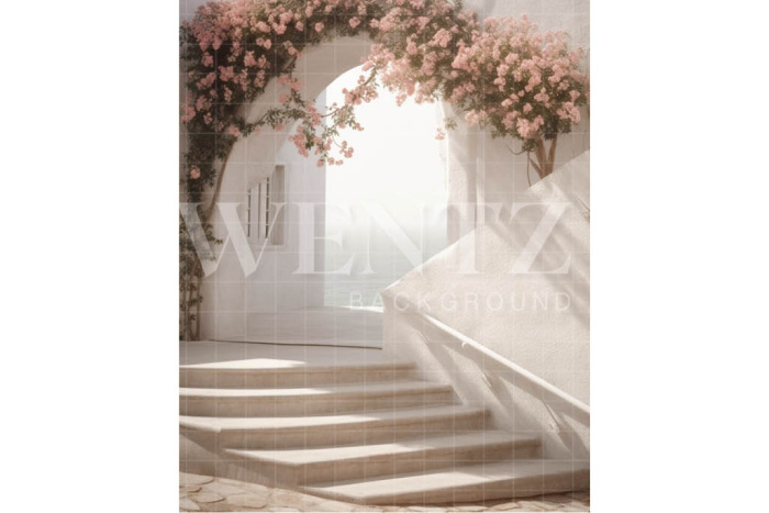 Fabric Photography Background Nature Scenery with Staircase and Flowers / Backdrop 3063