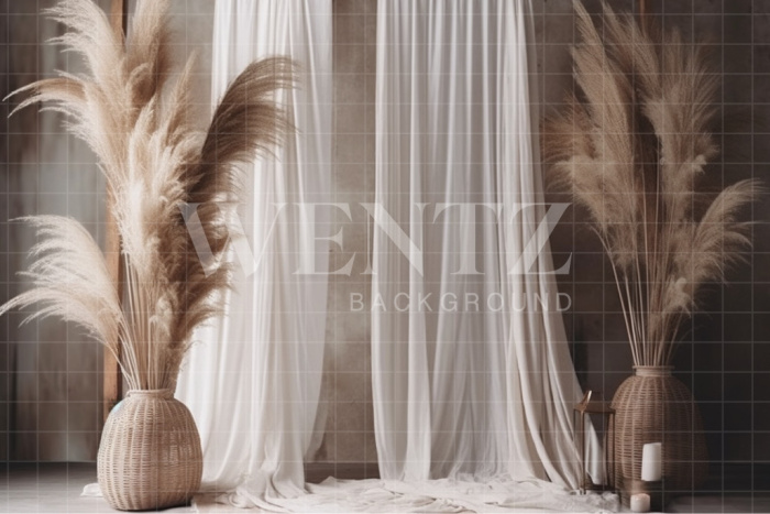 Fabric Photography Background Boho Scenery with Curtains and Pampas Grass  / Backdrop 3069