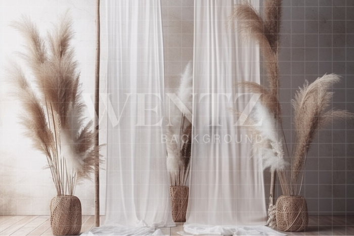 Fabric Photography Background Boho Scenery with Curtains and Pampas Grass / Backdrop 3070