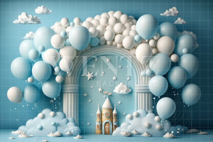 Fabric Photography Background Cake Smash Blue with Castle / Backdrop 3096