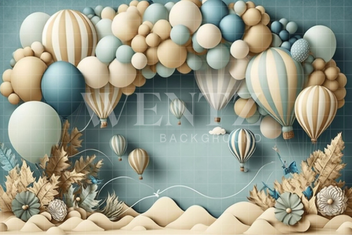 Fabric Photography Background Cake Smash Blue and Beige with Air Balloons / Backdrop 3097