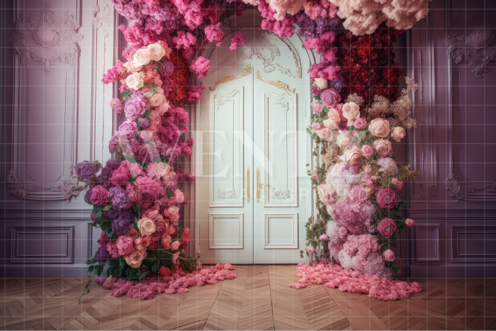 Fabric Photography Background Door with Flowers / Backdrop 3159