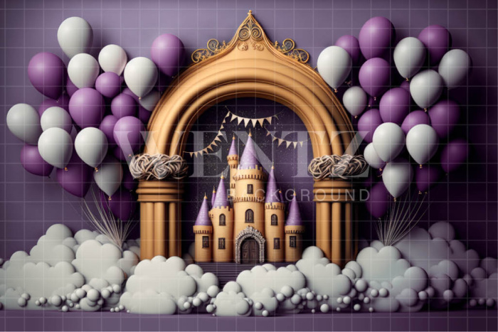 Fabric Photography Background Cake Smash Castle with Lilac Balloons / Backdrop 3189