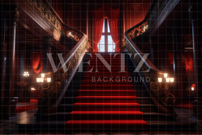 Fabric Photography Background Staircase with Red Carpet / Backdrop 3545