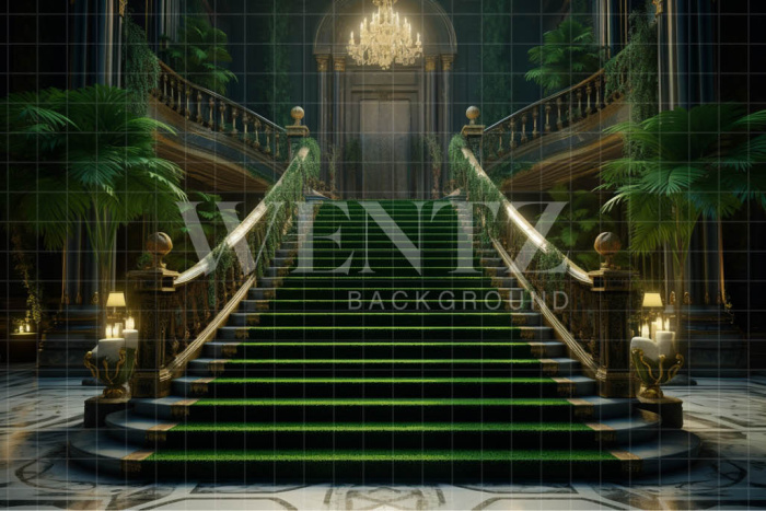 Fabric Photography Background Staircase with Green Carpet / Backdrop 3548