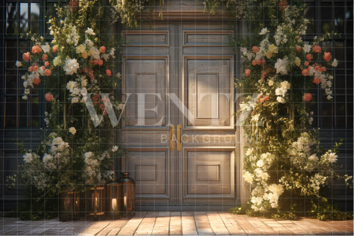 Fabric Photography Background Rustic Door with Flowers / Backdrop 3671