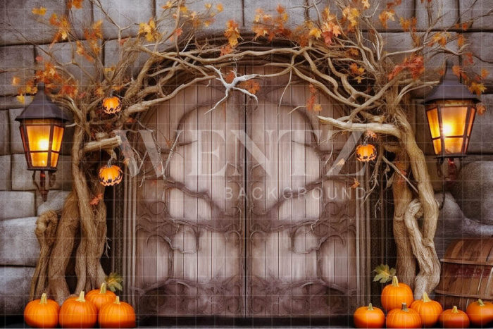 Fabric Photography Background Rustic Door with Pumpkins / Backdrop 3720