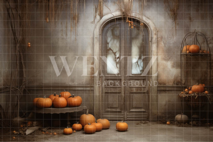 Fabric Photography Background Rustic Door with Pumpkins / Backdrop 3722