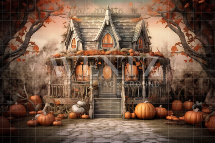 Fabric Photography Background Cabin with Pumpkins / Backdrop 3747