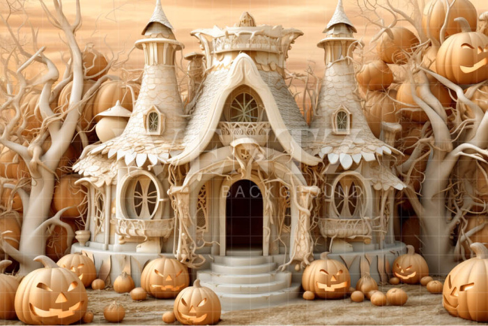 Fabric Photography Background Cabin with Pumpkins / Backdrop 3748