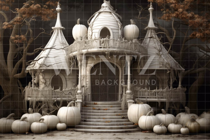 Fabric Photography Background Cabin with White Pumpkins / Backdrop 3749