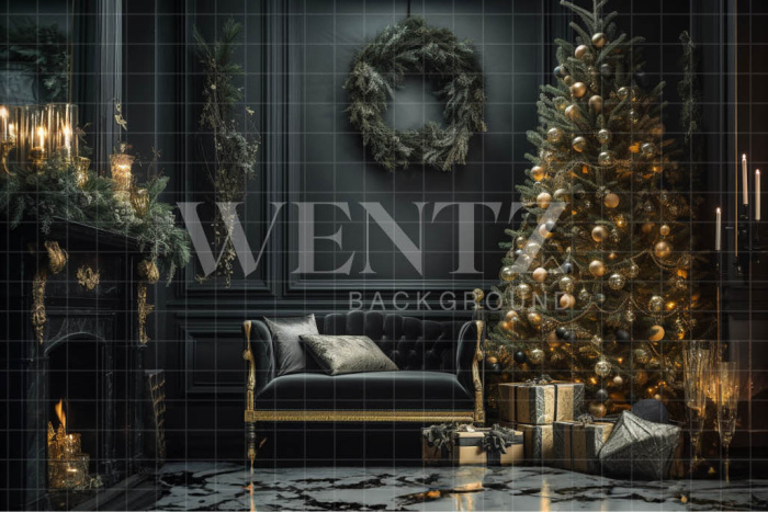 Fabric Photography Background Christmas Room with Fireplace / Backdrop 3805