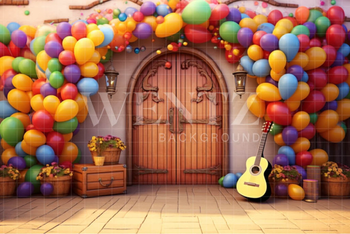 Fabric Photography Background Set with Door and Balloons / Backdrop 4099