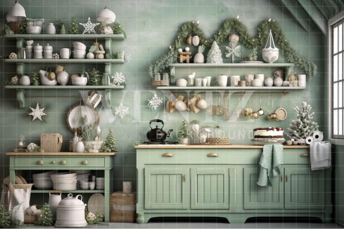 Fabric Photography Background Green Christmas Kitchen / Backdrop 4186