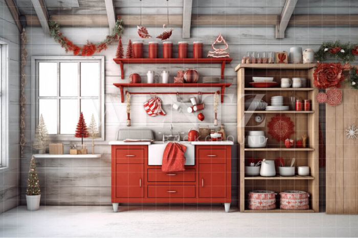 Fabric Photography Background Christmas Kitchen / Backdrop 4220