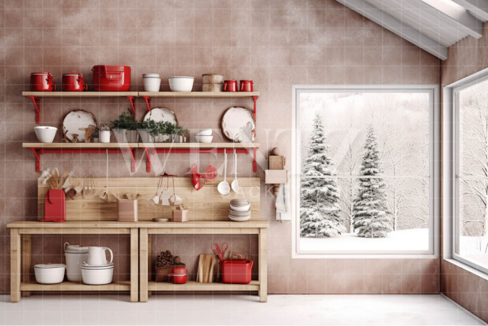 Fabric Photography Background Christmas Kitchen / Backdrop 4286