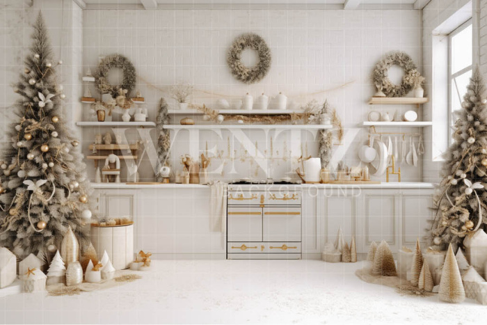 Fabric Photography Background White Christmas Kitchen / Backdrop 4288