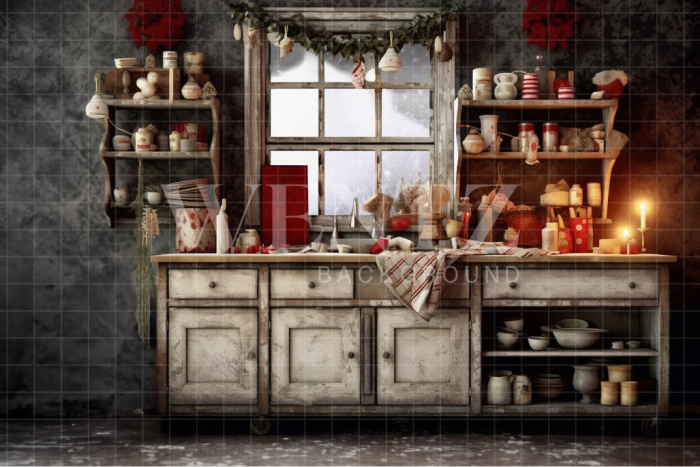 Fabric Photography Background Rustic Christmas Kitchen / Backdrop 4339