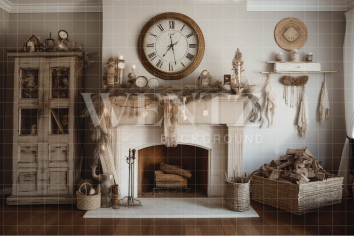 Fabric Photography Background Rustic Room with Fireplace / Backdrop 4589