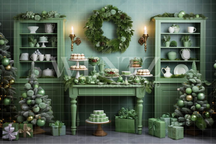 Fabric Photography Background Green Christmas Kitchen / Backdrop 4597