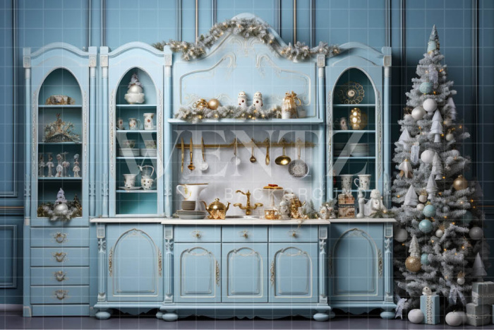 Fabric Photography Background Blue Christmas Kitchen / Backdrop 4598