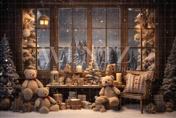 Fabric Photography Background Christmas Room with Teddy Bears / Backdrop 4599