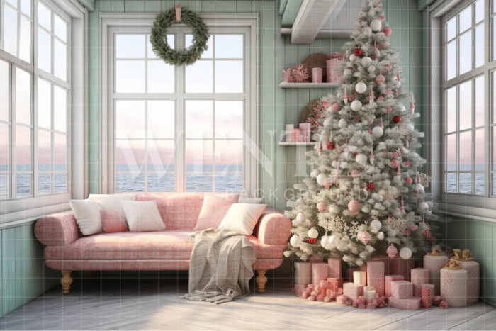 Fabric Photography Background Christmas Room with Sea View / Backdrop 4618