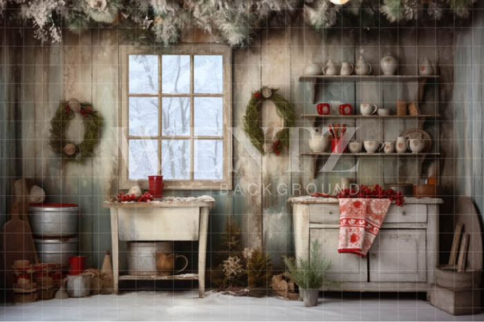 Fabric Photography Background Vintage Christmas Kitchen / Backdrop 4643