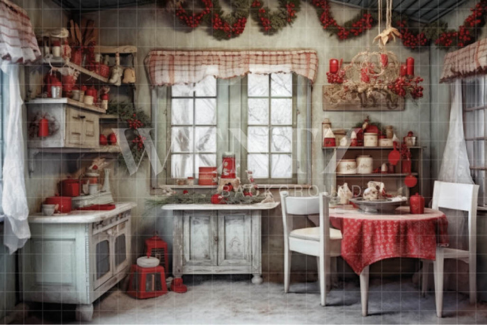 Fabric Photography Background Vintage Christmas Kitchen / Backdrop 4663