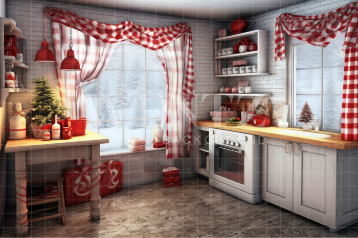 Fabric Photography Background Vintage Christmas Kitchen / Backdrop 4664