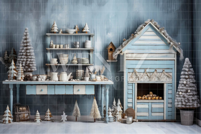 Fabric Photography Background Pastel Blue Christmas Kitchen / Backdrop 4665