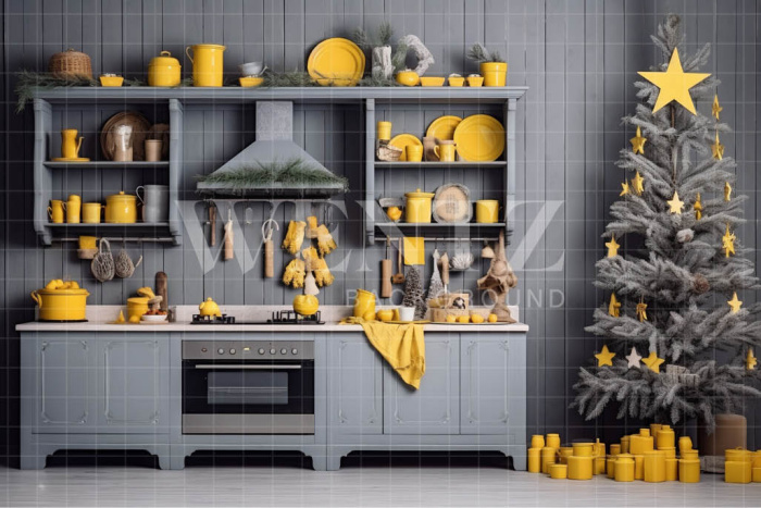 Fabric Photography Background Grey and Yellow Christmas Kitchen / Backdrop 4666