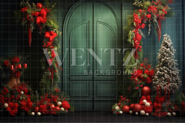 Fabric Photography Background Green Christmas Door / Backdrop 4671