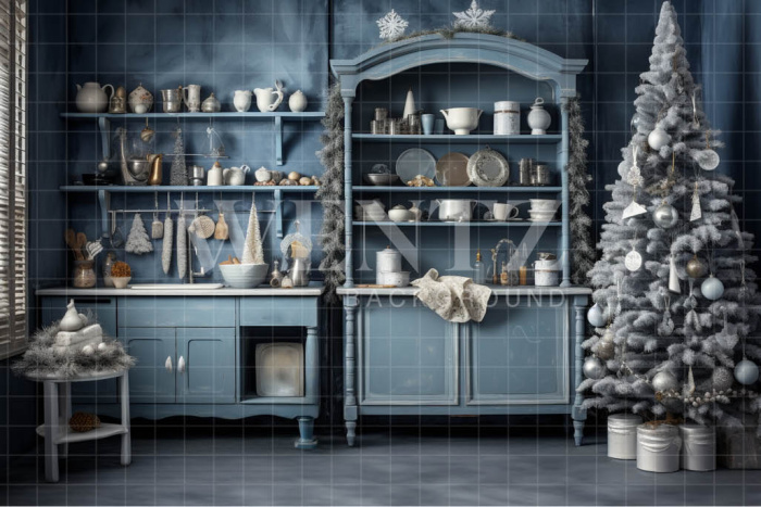 Fabric Photography Background Blue Christmas Kitchen / Backdrop 4677