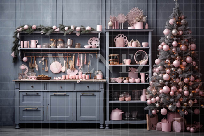 Fabric Photography Background Grey and Pink Christmas Kitchen / Backdrop 4678