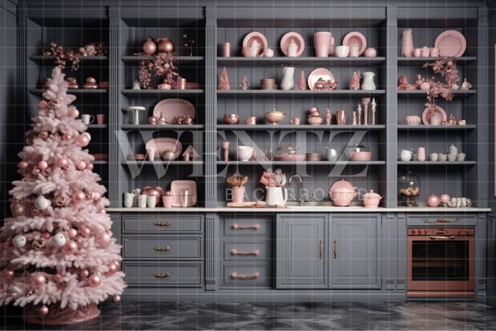 Fabric Photography Background Grey and Pink Christmas Kitchen / Backdrop  4679