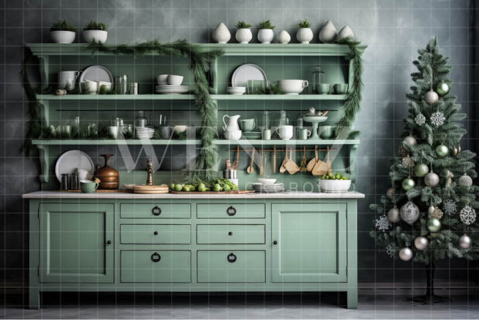 Fabric Photography Background Green Christmas Kitchen / Backdrop 4685