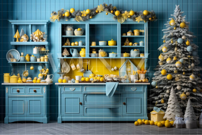 Fabric Photography Background Blue and Yellow Christmas Kitchen / Backdrop 4688