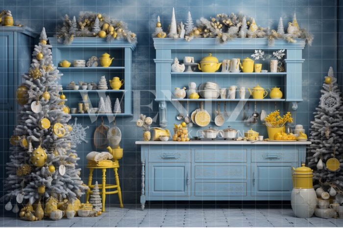 Fabric Photography Background Blue and Yellow Christmas Kitchen / Backdrop 4689